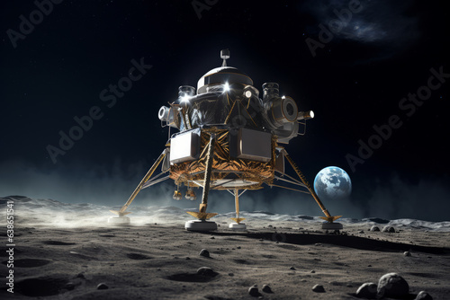 Lunar spacecraft lander module sitting on the Moon's south pole. Lunar Exploration Program. Outer space missions. photo