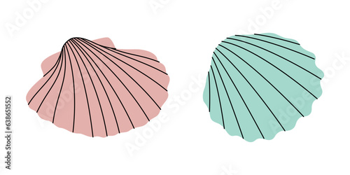 Scallop sea shells. Sea shells, mollusks, scallop, pearls. Tropical underwater shells. Vector illustration.