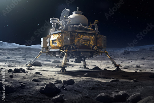 Lunar spacecraft lander module sitting on the Moon's south pole. Lunar Exploration Program. Outer space missions.