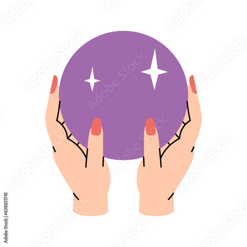 Hand with crystal ball, magic ball. October creepy holiday, Halloween party. Vector illustration.