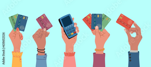 Diverse hands holding credit cards and payment terminal. Concept of cashless payment, electronic money. Hand drawn vector illustration isolated on blue background, modern flat cartoon style.