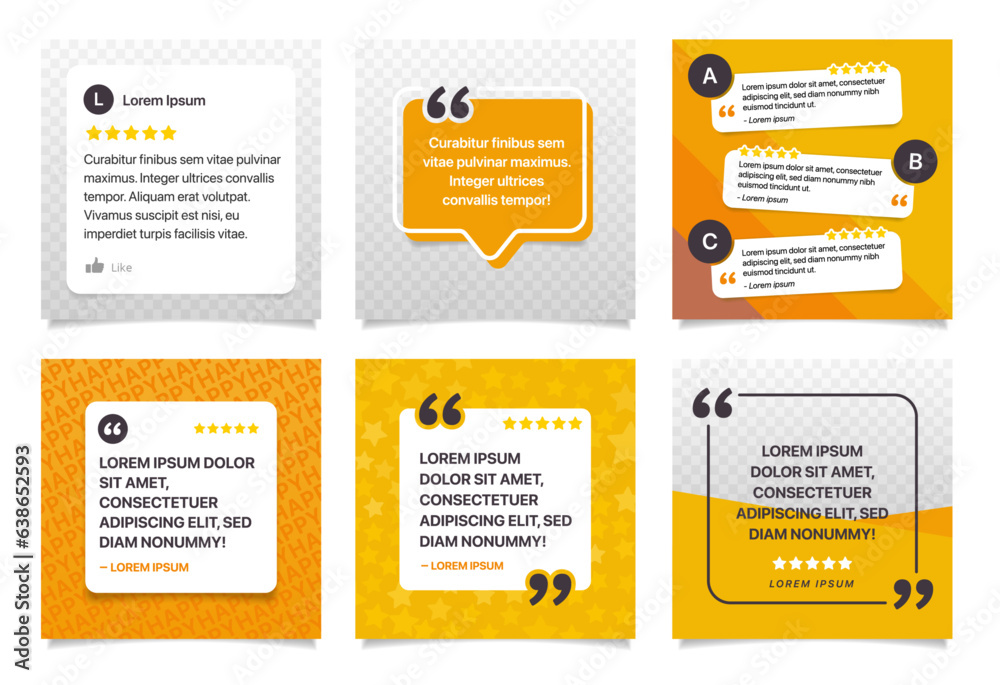 Set of editable customer reviews social media template, yellow social media testimonials templates - obrazy, fototapety, plakaty 