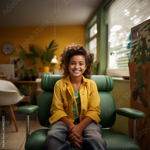 Criança no consultório amarelo aguardando atendimento photo