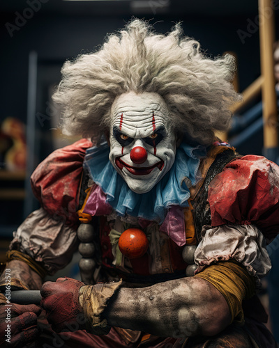A muscular clown defies expectations, embodying a fusion of fitness and an active lifestyle. Fitness clown in a captivating image of strength and entertainment.