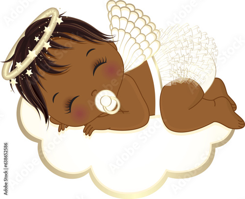 Vector Cute Angel Girl in White Ruffle Diaper Sleeping on the Cloud