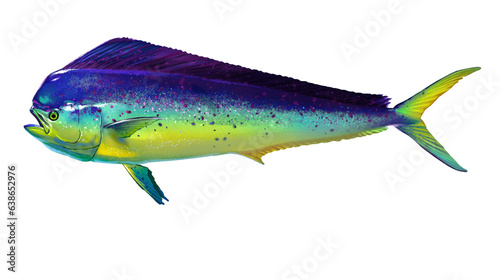 Mahi mahi or dolphin fish isolated on white. Realistic illustration of mahi mahi or dolphin fish isolated on white background. Side view.