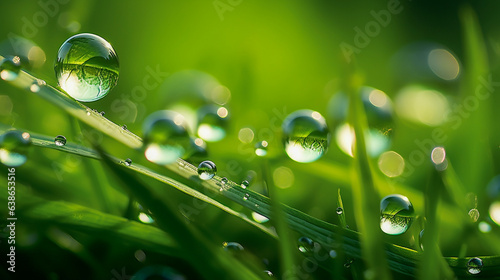 Macro Close-up of Dew Drops on Blades of Grass