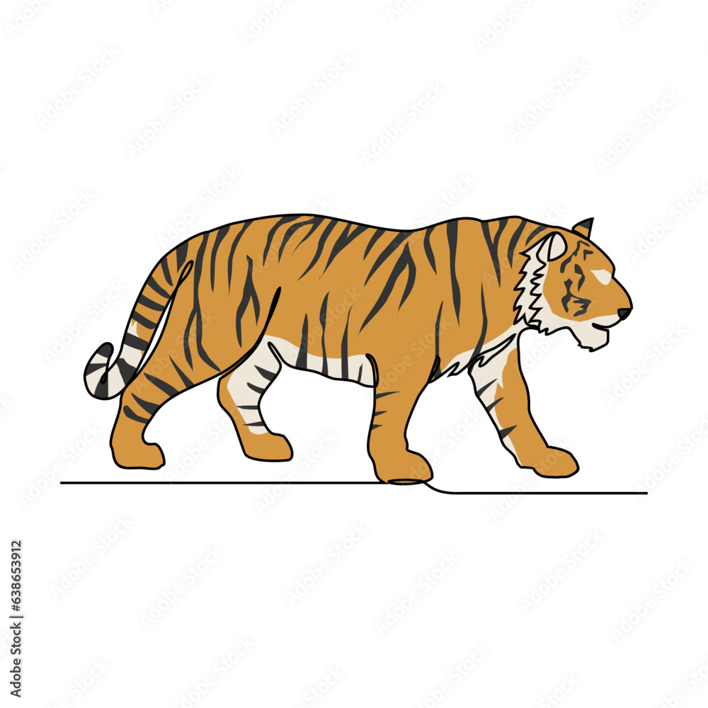 Obraz premium One continuous line drawing of Tiger is animal that lives in its natural habitat and is not domesticated by humans with white background. Wild animal design in simple linear style. Wild animal design.