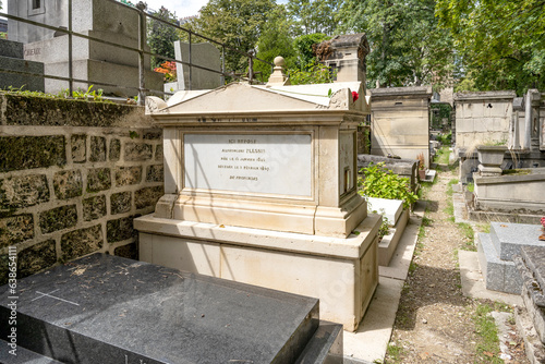 Grave of Alphonsine Plessis (Lady of the Camellias), in the Montmartre Cemetery, built in early 19th century, Montmartre district, where many famous artists are buried. © AlexMastro