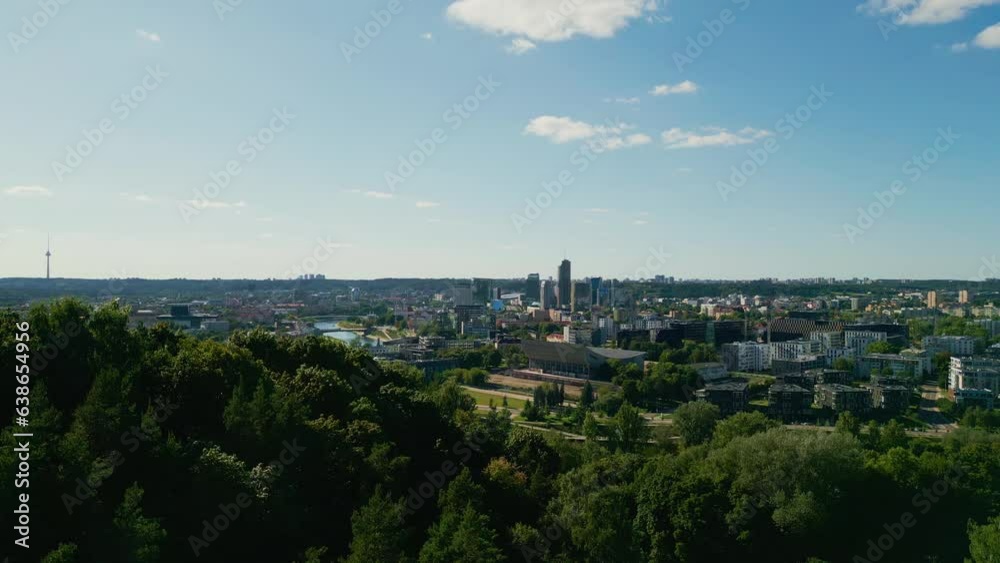 Aerial camera view over Vilnius. View of the business center and the city, downtown Aerial camera view over Vilnius. View of the business center and the city, downtown
