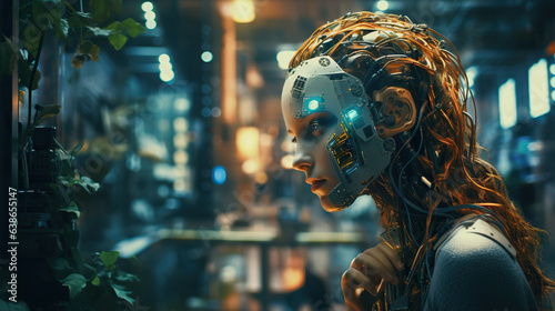 The young humanoid female head is connected to a super computer, symbolizing artificial intelligence. Futuristic illustration of the relationship between humans and neural networks. Copy space