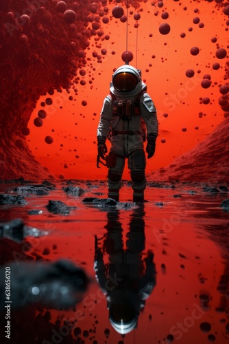 Astronaut in a strange planet, in the cave with surrounded by red spheres.