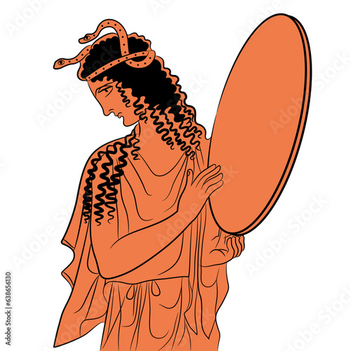 Ancient Greek woman holding tambourine or mirror with snakes in her hair. Vase painting style. Isolated vector illustration.