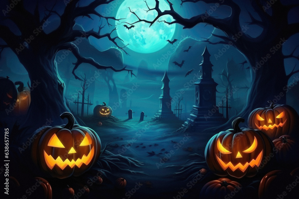 Halloween spooky background, scary jack o lantern pumpkins in creepy dark forest with bats, spooky trees, moon and old house Happy Haloween ghosts horror gothic mysterious night moonlight backdrop.