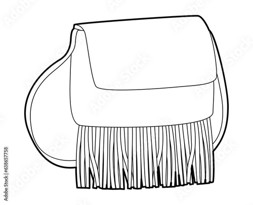 Medicine bag Saddle silhouette crossbody with tassels fringe. Fashion accessory technical illustration. Vector satchel for Men, women, unisex style, flat handbag CAD mockup sketch outline isolated