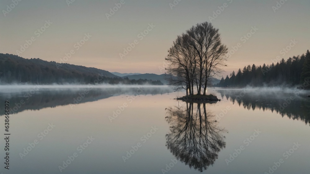 a lone tree is standing in the middle of a lake