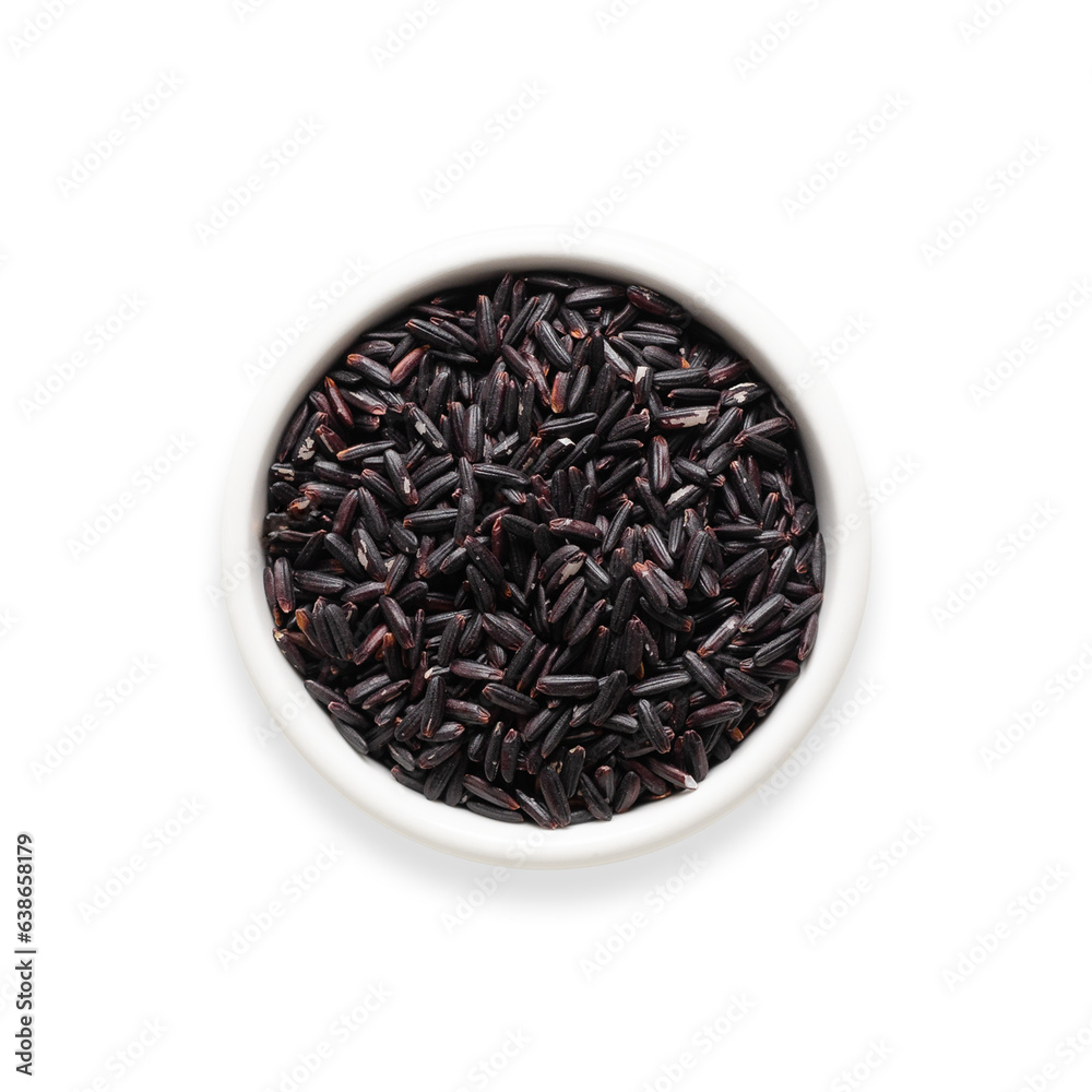 Black rice in a white bowl on transparent background. Square format. Top view. Black rice in a white bowl on transparent background. Square format. Top view.