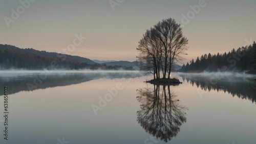 a lone tree is standing in the middle of a lake