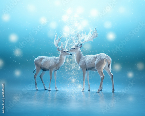 Reindeer on the lake with snowy aesthetic landscape. Minimal Christmas and New Year concept. Creative winter holiday idea.