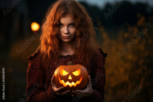 Young girl with a glowing jack o'lantern pumpkin. Happy Halloween background. 