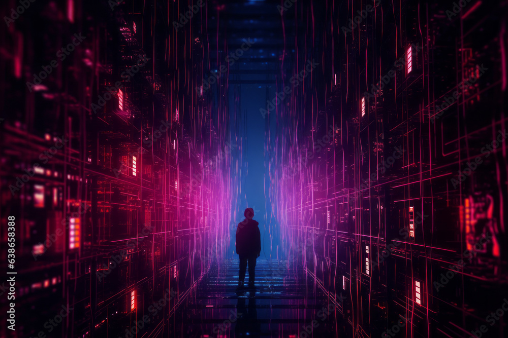 A child in cyberspace with purple and blue  neon lights.