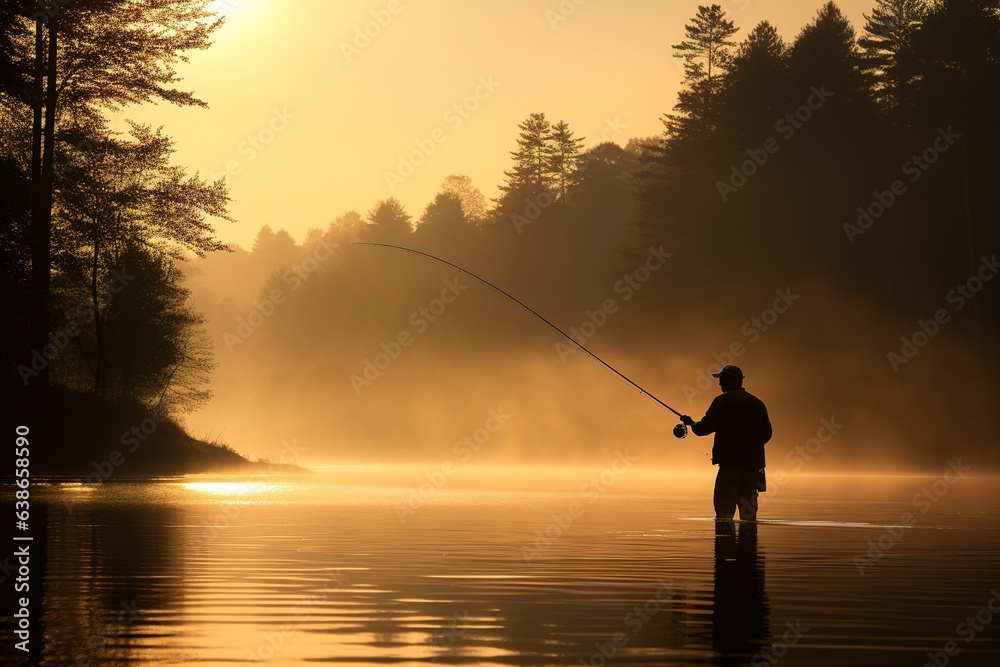Silhouette of fisherman with spinning on river at sunset