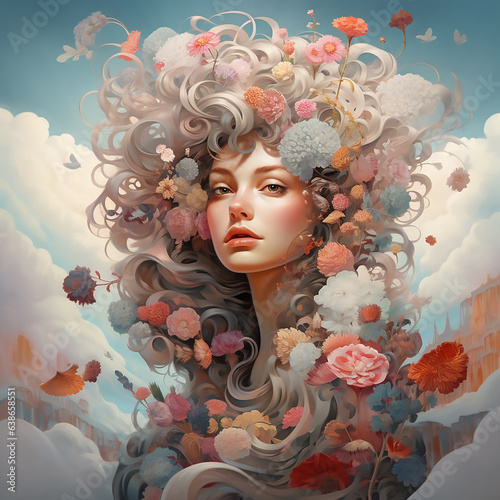 image of a portrait of a young woman in an abstract environment of flowers and sky. Beautiful youth.