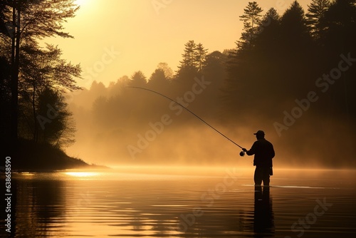 Silhouette of fisherman with spinning on river at sunset