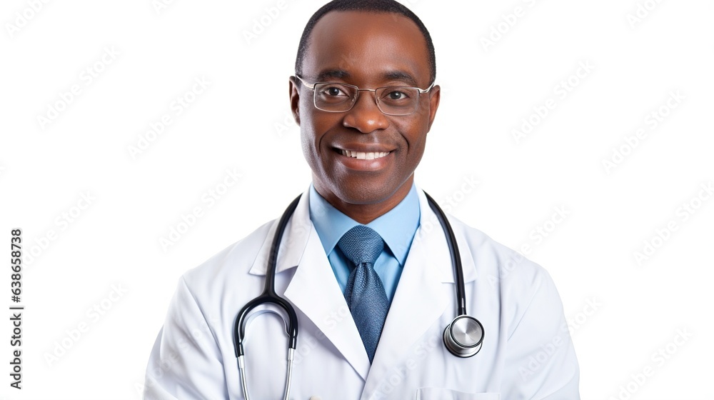 Fototapeta premium Smiling Doctor Portrait: A friendly and approachable African-American male doctor wearing glasses and a white coat smiles warmly at the camera, conveying trust and expertise.