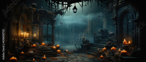 Halloween spooky background, scary pumpkins in old big creepy Happy Haloween ghosts horror house evil haunted castle scene. Creepy dark gothic mysterious night dark backdrop concept. 