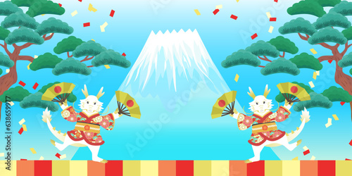 和風 辰の背景 松 富士山 バナー コピースペース  ( 1:2 文字なし ) 