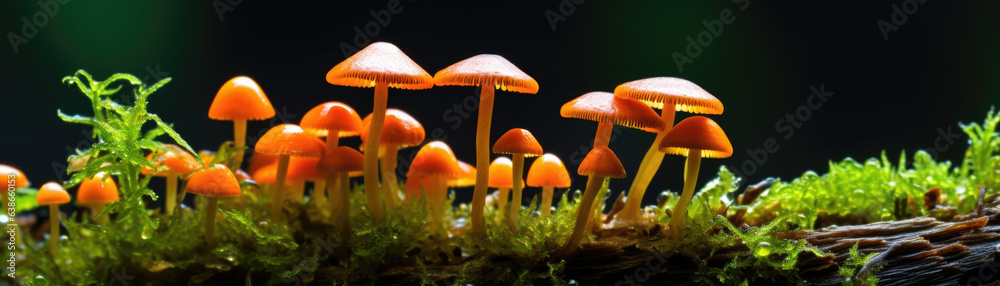 Fototapeta premium This macro shot of a tiny forest of fungi reveals the intricate details of the organisms living on a small piece of leaf. Despite its compact size this forest is