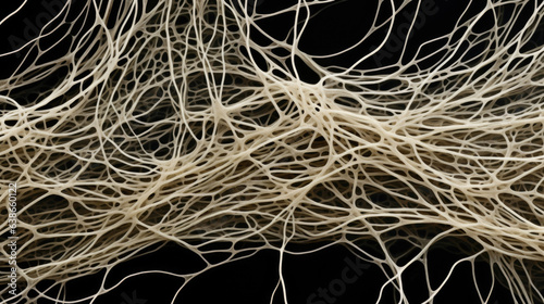 Magnified Penicillium appears as a mass of white filamentous strands intertwined in an intricate pattern. The mass has a velvety texture with an underlying hint photo