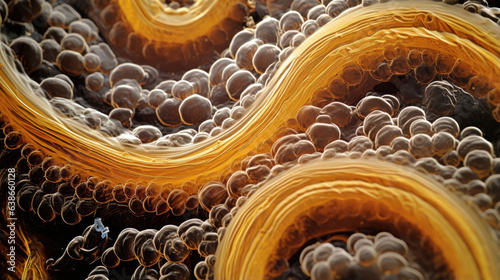 This macro image reveals a bacillus in a spiral formation. The curved bacterium has a thick cell wall composed of dark yellowbrown granules that give it a honeycomblike