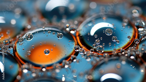 macro image displays a collection of microscopic droplets ed together on a reflective surface. The droplets have smooth beveled edges and angles and a slight transparency