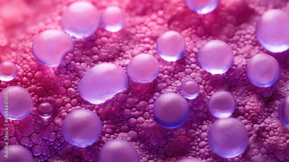 Macro photograph of an enzymes pink and purple colored substrate that is flat in the middle with two opposing bumps along the sides. The molecule showcases a rich