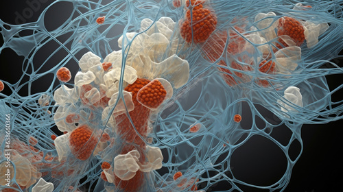 High magnification of receptormediated endocytosis showing a membranebound vesicle surrounded by several proteins. The proteins are forming a latticelike structure photo
