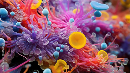 This macro image captures the intricate details of a microbe habitat. At the center of the image there is an array of colorful abstract shapes and structures which