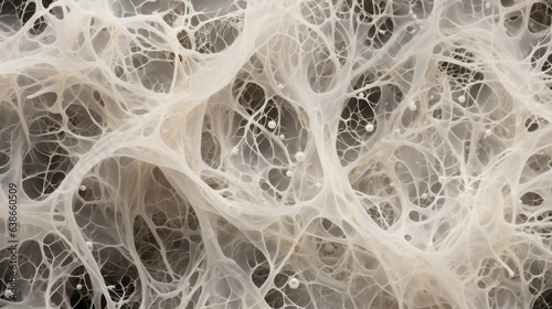 This macro photograph showcases a tangled knotted arrangement of microscopic fungal hyphae in a soft white hue. Each individual branch is made up of fine hairs that