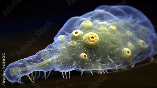 This image is of a singlecellular organism called an amoeba. The organism is a clear almost gelatinous structure with small protruding protrusions in various places photo