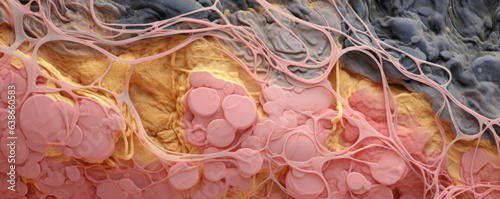 A microscopic view of the cartilage reveals its unique structure. The tissue consisits of small densely packed chondrocytes surrounded by a matrix of collagen and photo