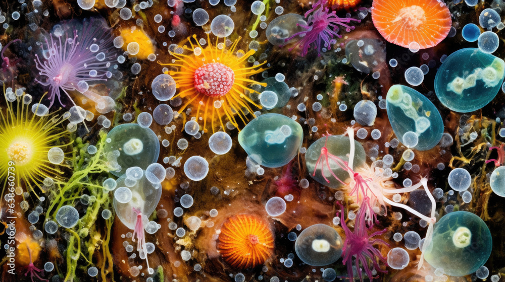 The vivid macro image shows a complex microfauna habitat teeming with ...