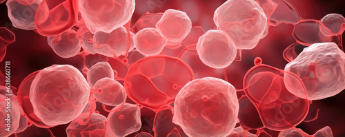 A macro image of a group of cells that have various shapes and sizes. In the center is a bright red cell with a clearly defined cell membrane. Surrounding it are