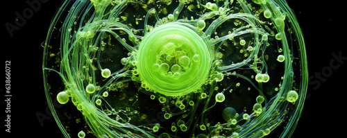 A macro image of a Chlamydomonas cell reveals a single celled green alga with a round shape and a single cupshaped chloroplast. At the anterior end of the cell two photo