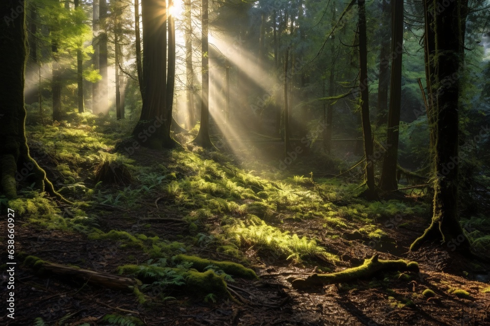 Obraz premium Sunlight in the morning in the forest. Beautiful natural landscape.