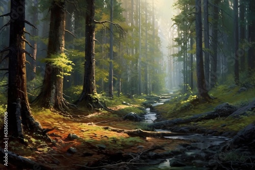 Autumn forest with a river in the foreground. Digital painting. © vachom