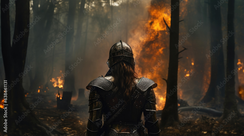 A rogue of the warrior class seen from the back standing amidst a forest of burning trees. She wears heavy armor and an iron helmet a greatsword in one hand and an axe in
