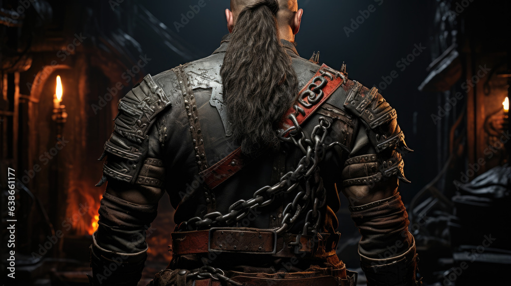 The image showed the back of a burly blacksmith wearing a set of heavyduty leather armor. He carried a twohanded hammer in one hand and a large anvil slung over his shoulder