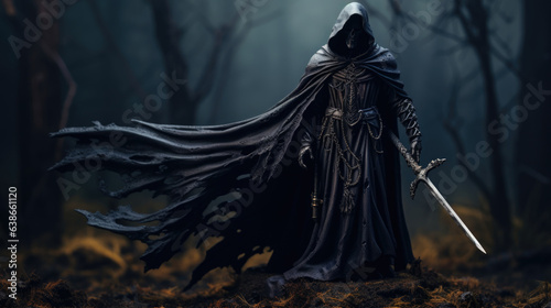 Dd in the shadows of a darkened landscape the Necrolytes back is a menacing sight to behold. His hooded skeletal figure is clad in a spiked plate mail with a long black cloak