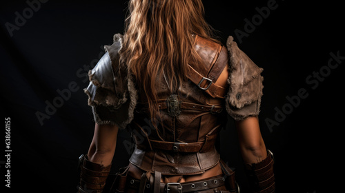 A sy and confident barbarian stands before the viewers her face hidden in the shadows of her brown hood. Her back is covered with heavy leather armor complete with intricate